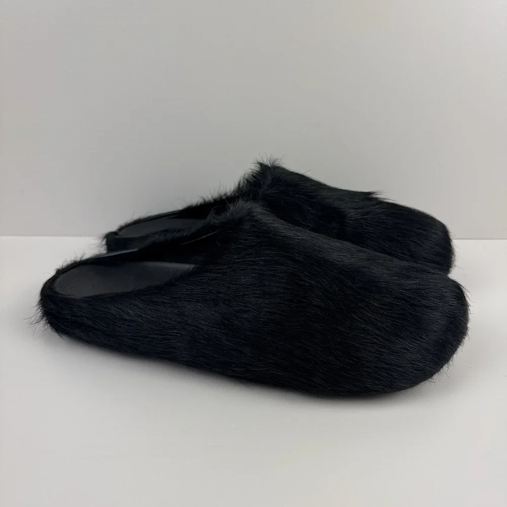 Marni Long Hair Calfskin Fussbett Sabot Mule Clog Black Men's EU 45 US 12